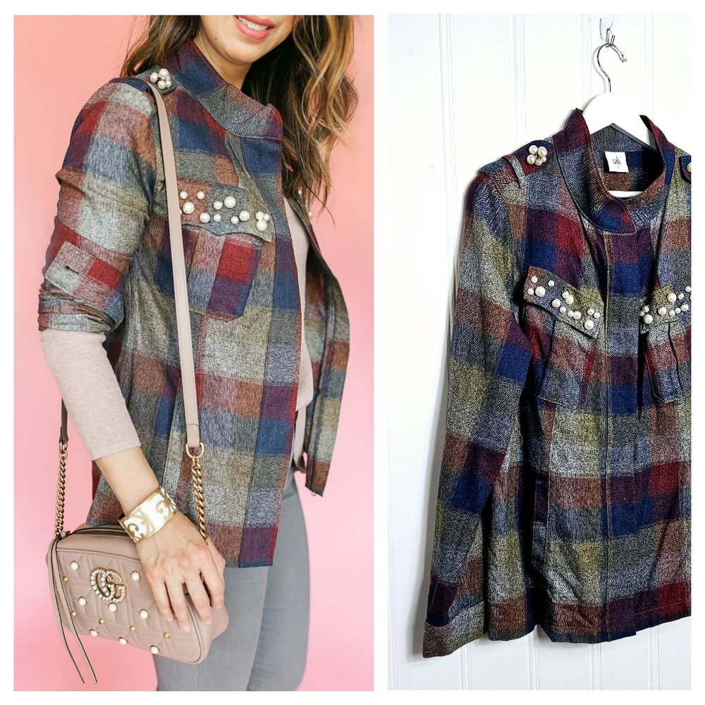 CAbi Barn Jacket Size L Autumn Plaid Pearl Zip Utility Cotton Shacket Multi